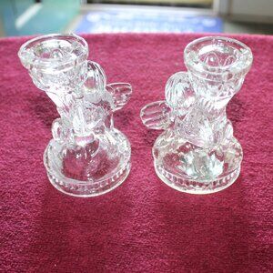 Pair of Vintage Clear Pressed Glass Candle Holders Cherubs or Angels